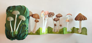 Another take on the handmade book created mint tin covered in polymer clay decorated with realistic looking mushrooms holds a concertina-style row of water color mushrooms.